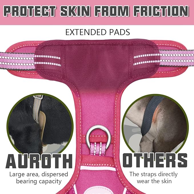 Auroth Tactical Dog Harness for Large Dogs No Pull Adjustable Pet Harness Reflective K9 Working Training Easy Control Pet Vest Military Service Dog Harnesses Rose Red L