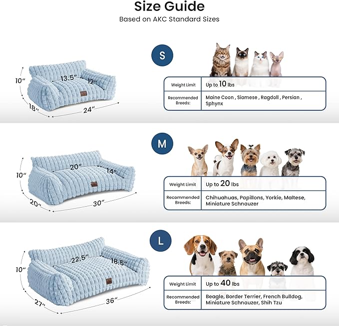 Cute Small & Medium Dog Couch Bed – Supportive & Fluffy Pet Sofa with Faux Rabbit Fur Washable Cover in 3D Diamond Pattern, 36" Light Blue