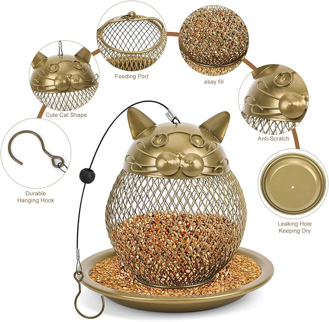 Cat Shaped Bird Feeder for Garden & Patio - Heavy Duty Steel Construction, Squirrel Resistant & Easy to Clean, Weatherproof Outdoor Decor for Bird Watchers (Gift Ready)