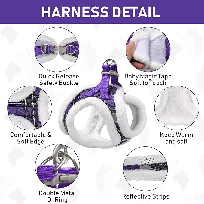 GAMUDA Small Dog Harness Collar and Leash Set, Step in No Chock No Pull Soft Mesh Adjustable Dog Vest Harnesses Plaid Reflective for Dogs Puppy Cats Kitten Rabbit (Warm Purple, XL)
