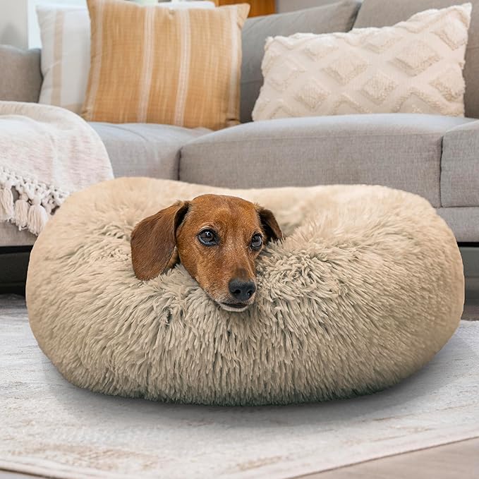 Best Friends by Sheri Bundle Set The Original Calming Shag Donut Cuddler Cat and Dog Bed + Pet Throw Blanket, Taupe, Small, 23x23
