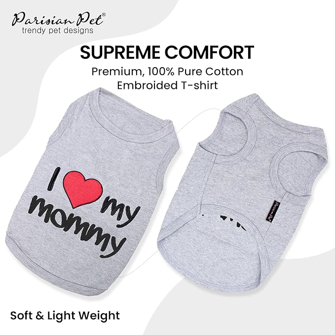 Parisian Pet Unisex Dog T-Shirt with Embroidered 'I Love My Mommy' Words - 100% Cotton, I Love My Mom Shirt - Sleeveless Pet Vest - Grey Dog Shirts for Large Dogs, 4XL