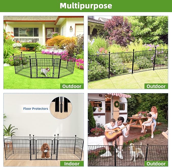 ADAVIN Garden Fencing 24 Inch High, Low Threshold Gate, 8 Panels Total 19.7 Ft(L), Temporary Fences for Dogs Outdoor, Fencing for Garden Beds, Black Metal Decorative Flowers Fence, Rabbit Fence