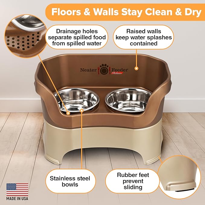 Neater Pet Brands Neater Feeder Deluxe Mess Proof Dog Bowls Elevated for Large Dogs Over 40 lbs, Made in USA, No Spill Raised Dog Food Bowl Stand Feeding Station, Food and Water Bowl Set, Bronze