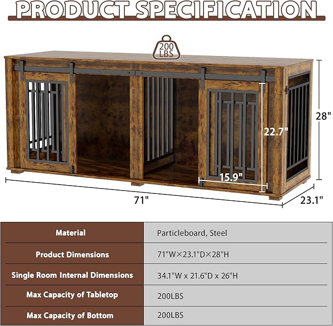 Large Dog Crate Furniture for 2 Dogs, Upgrade 71" Pro XXL Sliding Door Heavy Duty Dog Kennel Furniture with Divider, Steel Frame Indoor Double Dog Crate for Large Medium Small Dogs, Brown