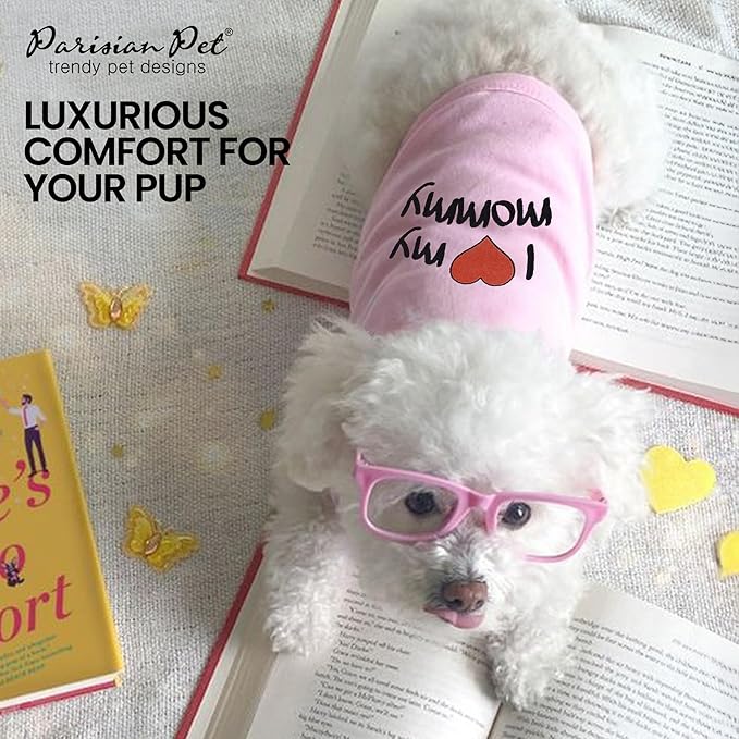 Parisian Pet Dog T-Shirt with Embroidered 'I Love My Mommy' Words - 100% Cotton, Pink Dogs Clothes - Sleeveless Pet Vest - Machine Washable Shirt for Large Dogs, L