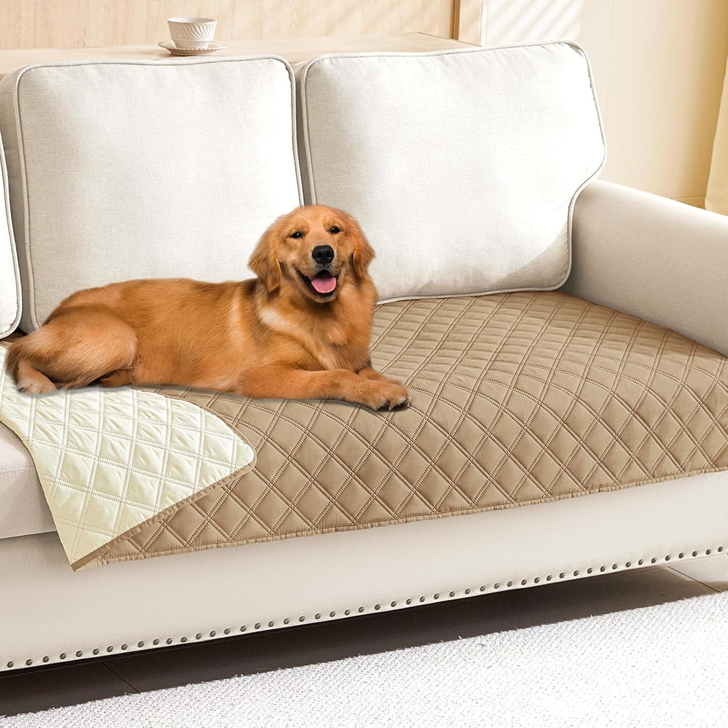 Smiry Waterproof Dog Bed Cover Pet Blanket, Soft Washable Dog Blanket for Furniture Bed Couch Sofa Reversible, Checkered (40"x90", Camel/Beige)