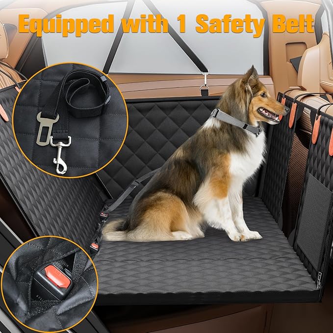 Back Seat Extender for Dogs, Hard Bottom Dog Car Seat Cover - Supports 400lbs, Rear Seat Pet Cover with Mesh Window, Waterproof Dog Hammock for Car SUV and Trucks