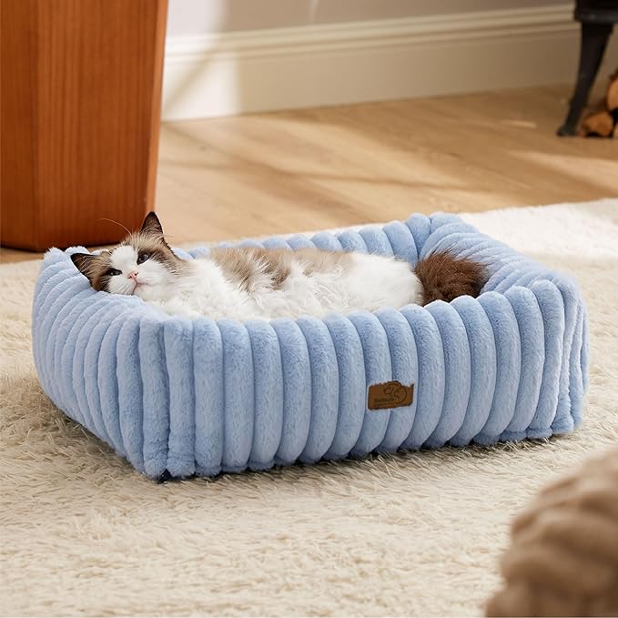 Bedsure Washable Dog Bed for Medium Dogs - Cute Furry Puppy Beds, Rectangle Orthopedic Corduroy Fleece Pet Beds with Removable Zipper Cover, 20x19x6inches, Blue