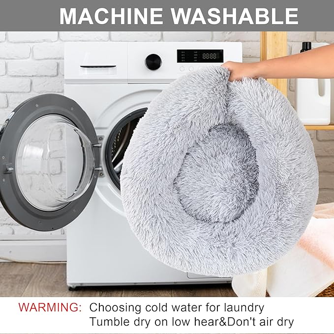 Dog Calming Beds for Small Medium Dogs - Round Donut Washable Dog Bed, Anti-Slip Faux Fur Fluffy Donut Cuddler Anxiety Cat Bed(Light Grey 28")