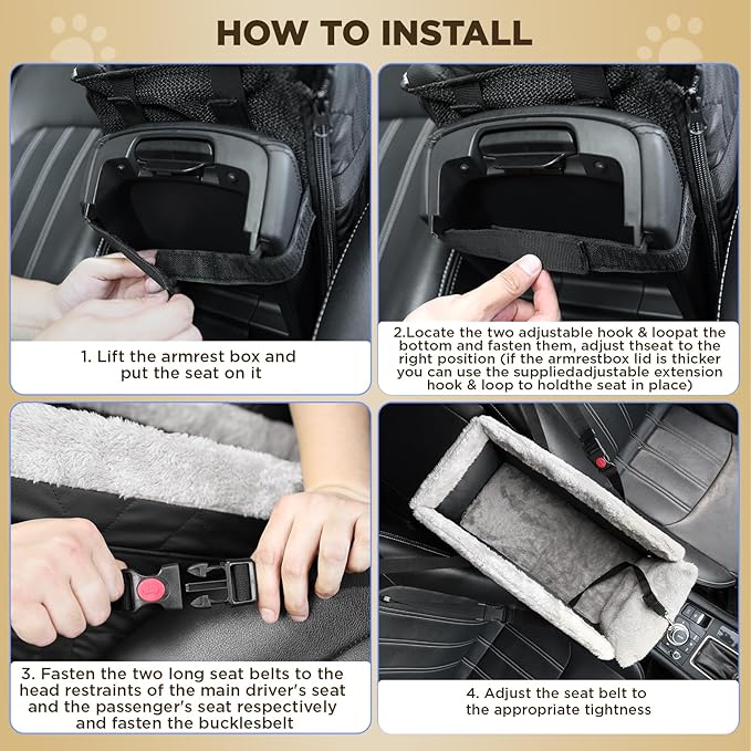 Center Console Dog Car Seat for Small Dogs,PU Leather Small Dog Car Booster Seat,Washable Foldable with Safe Protection Hooks Adjustable Straps and Storage Pocket Pet Up to 15lbs-Black