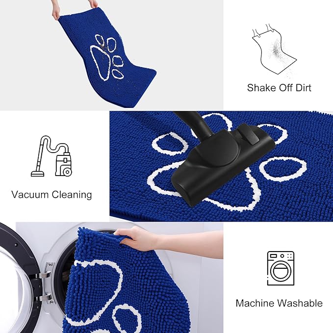 Smiry Dog Door Mat for Muddy Paws, Absorbent Dirt Trapper Non Slip Quick Dry Washable Chenille Mat for Mud Dogs, Entry Rug for Indoor and Outdoor (30x20 Inches, Royal Blue)
