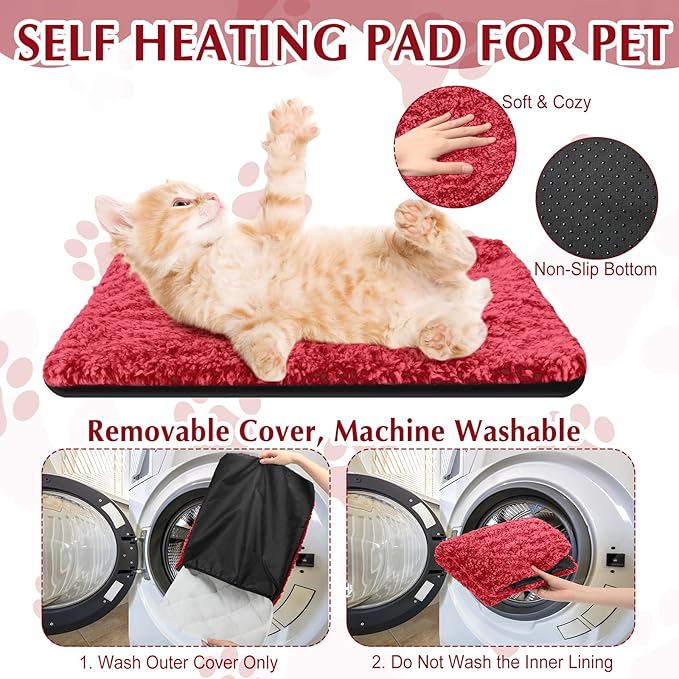4 Pack Self Warming Cat Bed Indoor Self Heating Dog Cat Pad Washable Thermal Pet Kennel Pad Crate Bed Mat Reflect Body Heat for Outdoor (Red,16 x 20 Inch)