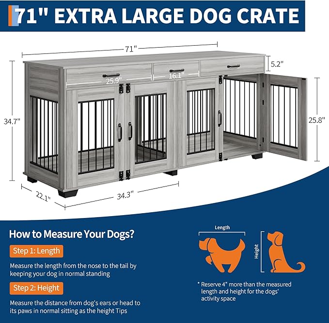 GarveeLife 71 in Dog Crate Furniture for 2 Rooms, Wooden Double Crate Large Breed with Door, Dog Kennel Indoor, TV Stand End Table with Divider for Large Medium Dogs,Grey