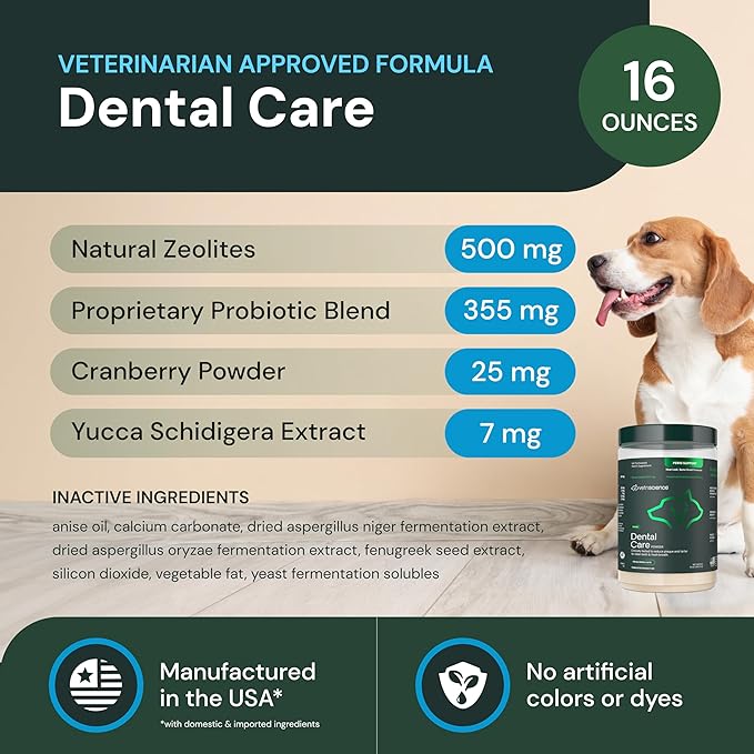 VetriScience Dental Care Powder - Dental Supplement Powder for Dogs & Cats - Supports Breath Freshening - Healthy Teeth & Gums - Easy-to-Use Oral Hygiene for Pets - 16 oz