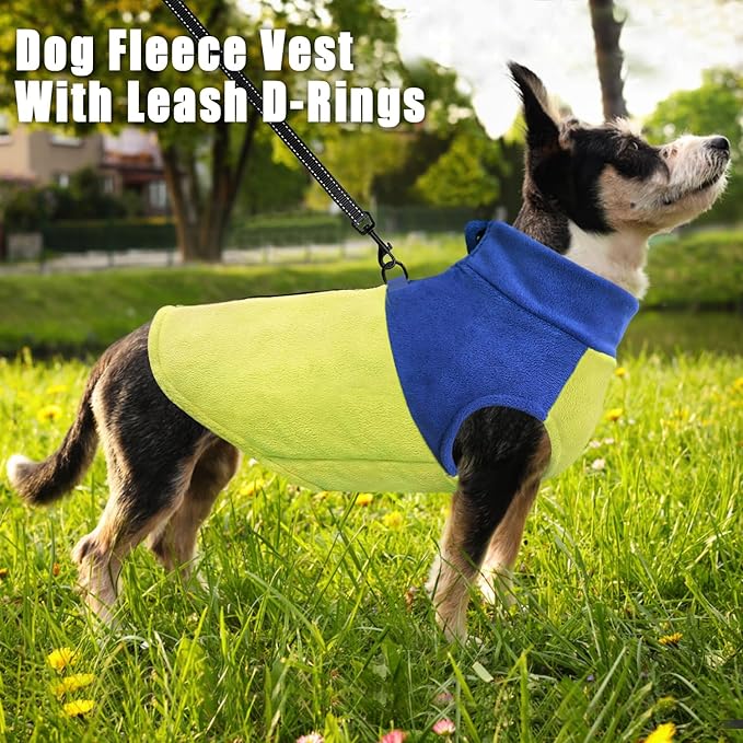 Idepet Dog Fleece Vest Sweater Zip Up Warm Pullover Dogs Jacket with D-Ring Leash Winter Cold Weater Coat Pet Sweatershirt Clothes Hoodie for Small Medium Dogs Boy Girl (Blue/Green, L)