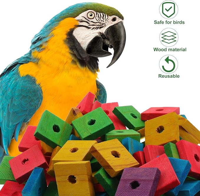 Parrot Toys 100 Pcs Wooden Blocks Bird Chewing Trim Beak Foot Craft Cage Part Mini Wood Chip Charms DIY Playing Chewing Shredding Mixed Large Bird Toys