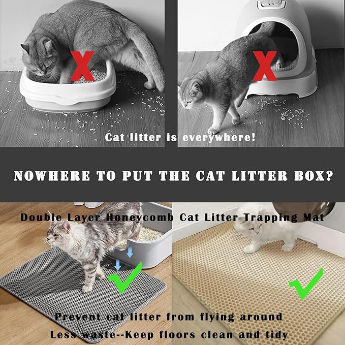 HCY&WLD 2-Pack Cat Litter Mat, Double Layer Honeycomb Waterproof Urine Proof Non-slip Litter Trapping Mat, Less Waste, Easy to Clean Cat Litter Box Mat, Kitty Indoor Supplies (Gray, 24x18 Inches)