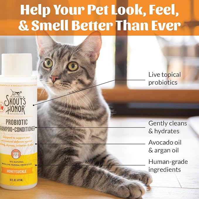 Skout's Honor Probiotic Cat Shampoo & Conditioner with Avocado Oil & Omega-3s, 97% Natural, Paraben & Sulfate-Free, Cruelty-Free, Defend Against Itch, Dryness, Irritation. 16oz, Honeysuckle