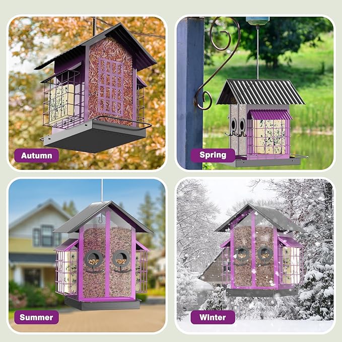 Bird Feeders for Outdoors, Metal Bird Feeder with Double Suet Cage Weatherproof Metal Roof, 2 in 1 Mixed Seeds Suet Feeder, 4Lbs Large Capacity, Great for Finch、Cardinal、Chickadee（Purple）