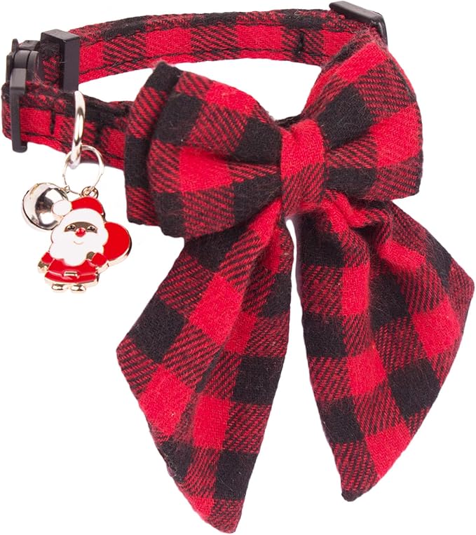 ADOGGYGO Christmas Cat Collars Breakaway with Bowtie, 2 Pack Red Green Plaid Xmas Kitten Collar with Removable Bow Bell Christmas Collar for Cats Kittens