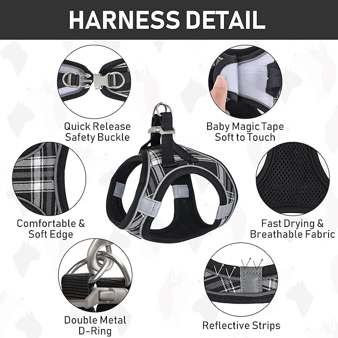 GAMUDA Small Dog Harness Collar and Leash Set, Step in No Chock No Pull Soft Mesh Adjustable Dog Vest Harnesses Plaid Reflective for Dogs Puppy Cats Kitten Rabbit (Black, S)