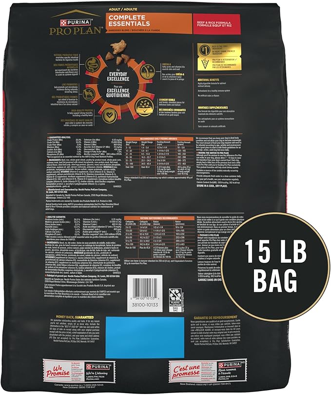 Purina Pro Plan Complete Essentials Shredded Blend Beef and Rice Dog Food Dry Formula with Probiotics for Dogs - 15 lb. Bag