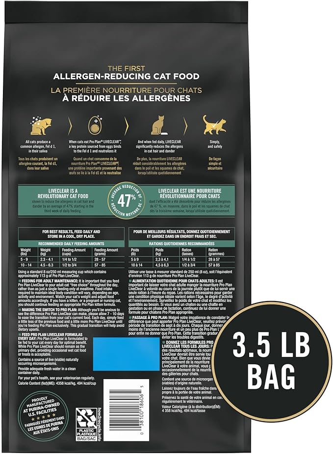 Purina Pro Plan Allergen Reducing, High Protein Cat Food, LIVECLEAR Chicken and Rice Formula - 3.5 lb. Bag