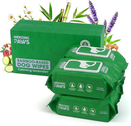 Pet Grooming Wipes - Natural & Organic Bamboo Base - Calming Lavender Scented - Freshening Dog Cat - Gentle on Sensitive Skin - Thick & Durable for Paw Coat & Bum Cleansing - 400 Count