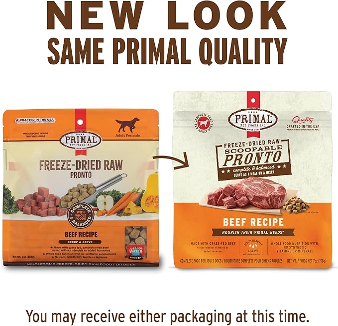 Primal Freeze Dried Dog Food, Pronto Mini Nuggets, Beef; Scoop & Serve, Complete & Balanced Meal; Also Use as Topper or Treat; Premium, Healthy, Grain Free High Protein Raw Dog Food (25 oz, 2-Pack)