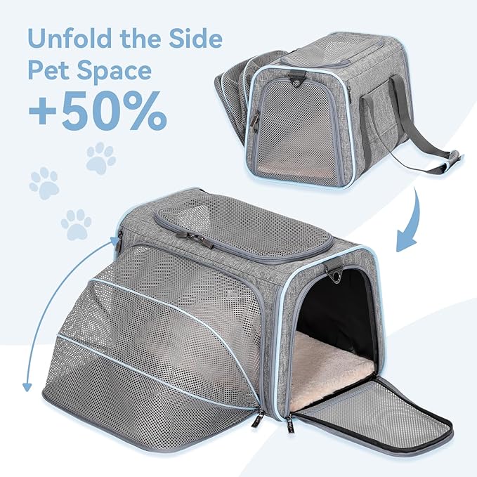 Petsfit Expandable Pet Carrier, 19x12x12 inches Soft-Sided Portable Cat Carrier Dog Carrier, with Removable Plush Mat, Locking Safety Zippers and Pockets