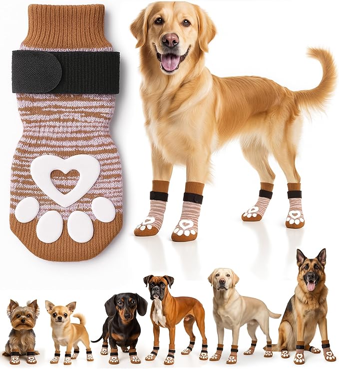 Non-Slip Dog Socks for Hardwood Floors - 6-Pack | Anti-Slip Toes to Prevent Licking Paws, Add Grip, and Provide Paw Protection | for All Ages and Senior Dogs - Large