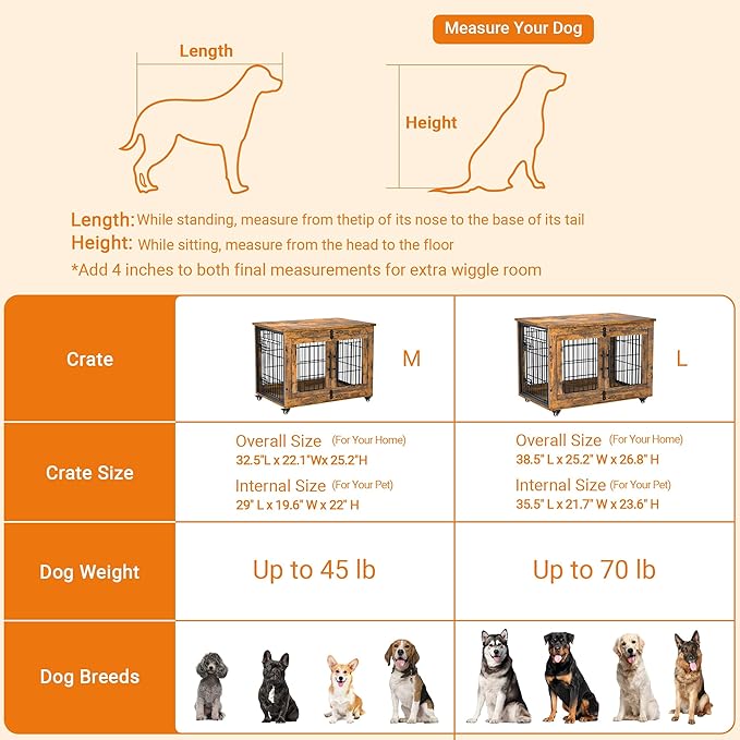 Lulive Dog Crate Furniture Set of 2, Dog Kennel Indoor Double Doors Wooden Dog Cage, 32'' Heavy Duty Dog Crate with Cushion & Wheels, End Table Pet House Chew-Resistant Up to 45 lb, Rustic Brown