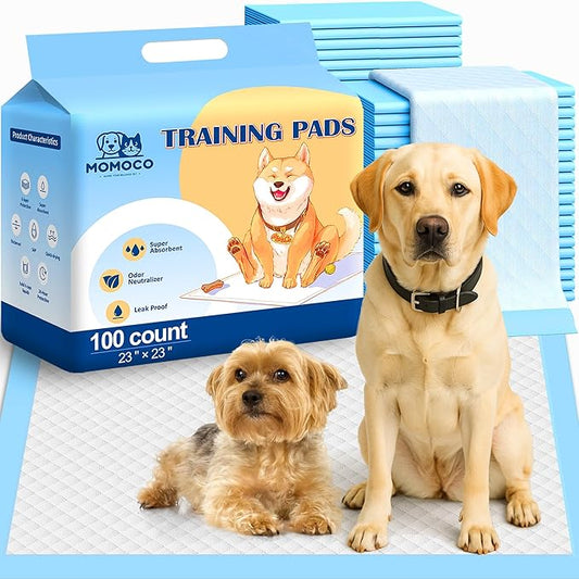 MoMoCo Puppy Pads 23"x23", 100 Count – Super Absorbent, Leak-Proof Potty Pads for Small Dogs & Puppies, Quick-Dry & Disposable