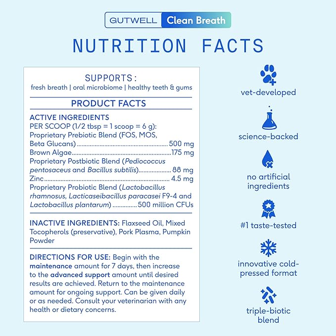 Native Pet GutWell Clean Breath - Dog Breath Freshener & Dog Dental Powder - Teeth Cleaning to Reduce Plaque & Tartar - Promotes Fresh Breath with Targeted Triple-biotic Dental Care Blend - 60 Scoops