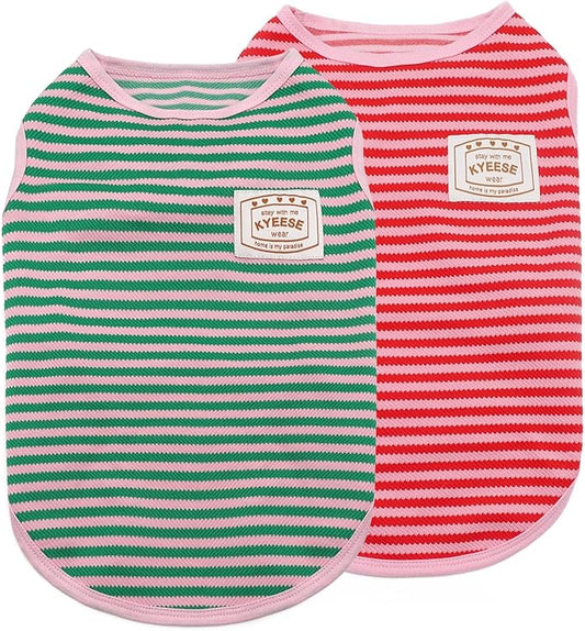 KYEESE 2Pack Dog Shirts Striped for Small Dogs Soft Stretchy Dog T-Shirts Lightweight Tank Top Sleeveless Vest Breathable Pet Apparel, Large, Green+Pink
