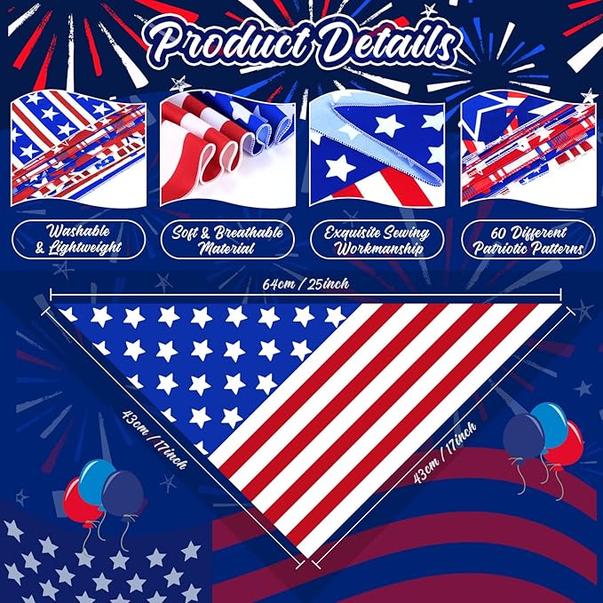 60 Pcs Dog Bandanas Bulk American Flag Pet Scarf Holiday Puppy Bandanas Washable Adjustable Patriotic Dog Bandana for Sport Event Parade Labor Day Patriot Day Small Medium Large Pet Grooming