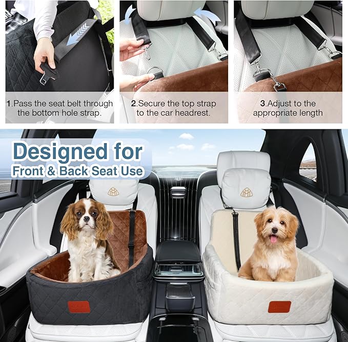 Dog Car Seat for Small Dogs Under 30lbs,Ultra Soft Fabric & Memory Foam Pet Travel Car Bed,Washable & Detachable,Anti-Slip Bottom,2 Storage Pockets and Safety Tethers(Black/Brown)