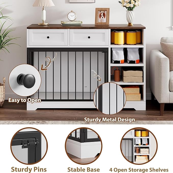 Dog Crate Furniture 47", Large Dog Crate TV Stand with 2 Drawers and 4 Shelves, Wooden Dog Kennel Indoor, Decorative Dog Cage with Storage for Large Dogs, White
