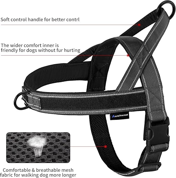 Annchwool No Pull Dog Harness with Padded Handle+5 Ft Leash,Reflective Strip Escape Proof and Quick Fit to Adjust Dog Harness,Easy for Training Walking for Small & Medium and Large Dogs(Black-Set,M)