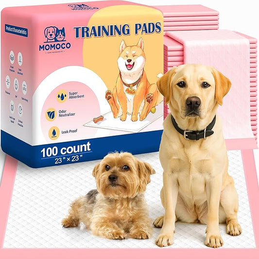 MoMoCo 23"x23"-100 Count Pink Puppy Pads, Super Absorbent, Leak-Proof, Quick-Dry Training Pads for Small Dogs & Puppies, Disposable Potty Pads