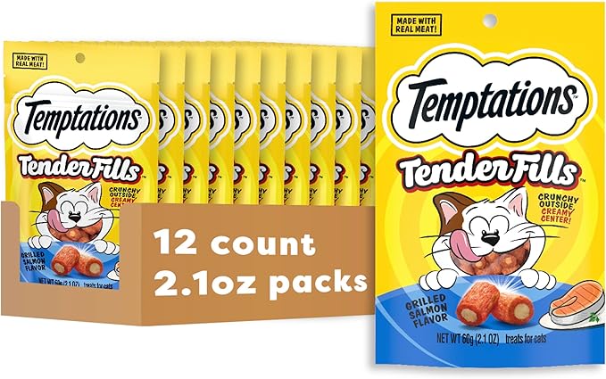 Temptations Tender Fills Crunchy and Soft Adult Cat Treats, Grilled Salmon Flavor, 2.1 oz. Pouch (Pack of 12)