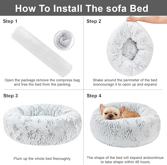 Dog Calming Beds for Small Medium Large Dogs - Round Donut Washable Puppy Dog Bed, Anti-Slip Faux Fur Fluffy Donut Cuddle Anxiety Cat Pet Bed (20" Rose)