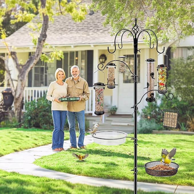 Bird Feeding Station, 90.55in 6-Hook Wild Bird Feeder Stand Pole with Water & Mesh Tray Humming Bird Feeders for Outdoors Easy Assembly for Courtyards Gardens (Black)