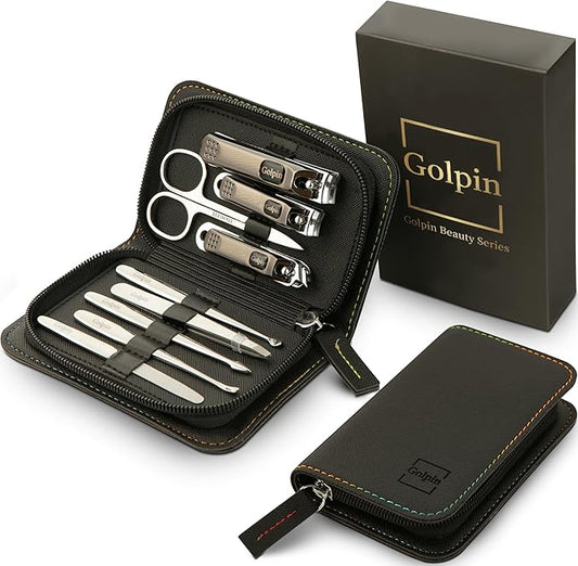 9 Pcs Manicure Kit for Men & Women – Stainless Steel Tools with Travel Nail Kit Case, Nail Clippers, Cuticle Pusher, File, Gift Ready Women & Mens Manicure Set (Black)