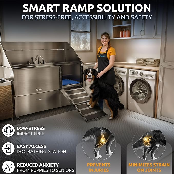 KANIS Professional Dog Washing Station - 304 Stainless Steel Pet Wash Sink & Grooming Bath Tub for Home with Ramp, Shower, Floor Grate, Storage Drawers, and Faucet for Large, Medium & Small Pets