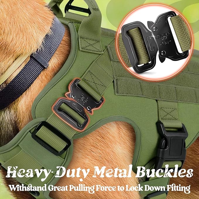 rabbitgoo Tactical Dog Harness for Large, Heavy Duty Pet Harness with Handle, No-Pull Service Vest Large Breed, Adjustable Military Dog Vest for Training Hunting Walking, Green, XL