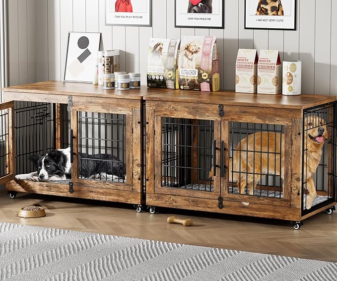 Lulive Dog Crate Furniture Set of 2, Dog Kennel Indoor Double Doors Wooden Dog Cage, 38'' Heavy Duty Dog Crate with Cushion & Wheels, End Table Pet House Chew-Resistant Up to 70 lb, Rustic Brown