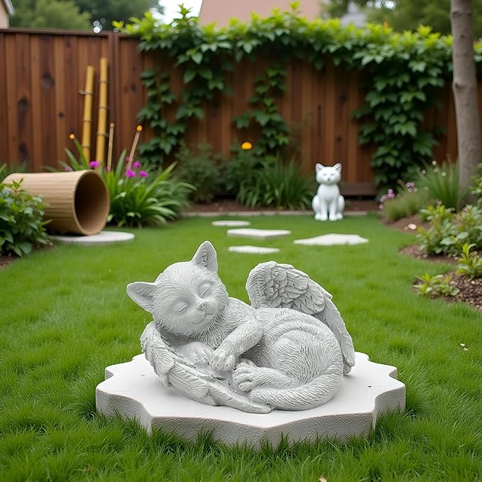 Small Cat Memorial Stone Commemorates Our Lost Fur Baby,Peaceful Sleeping Angel Statue for Garden,Indoor,Pet Grave Markers,and Loss of Cat Sympathy Gift (White, Small)
