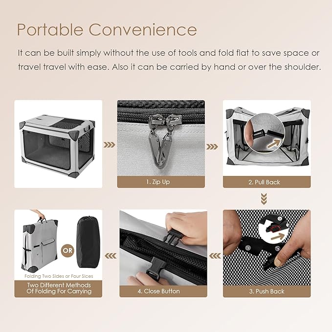 EHEYCIGA Collapsible Dog Crate 36 Inches, Portable Travel Crate for Large Dogs, Soft Foldable Pet Kennel with 4-Door Mesh Windows Indoor & Outdoor, Grey